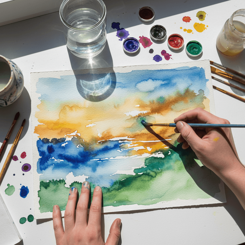 Watercolor brushes and paint palette on a wooden studio table