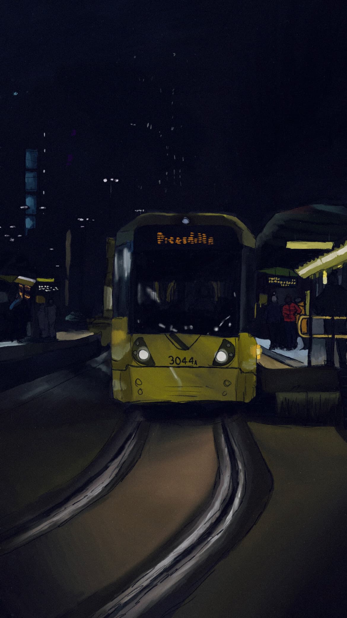Yellow tram with bright headlights arrives at a dark city station platform at night.