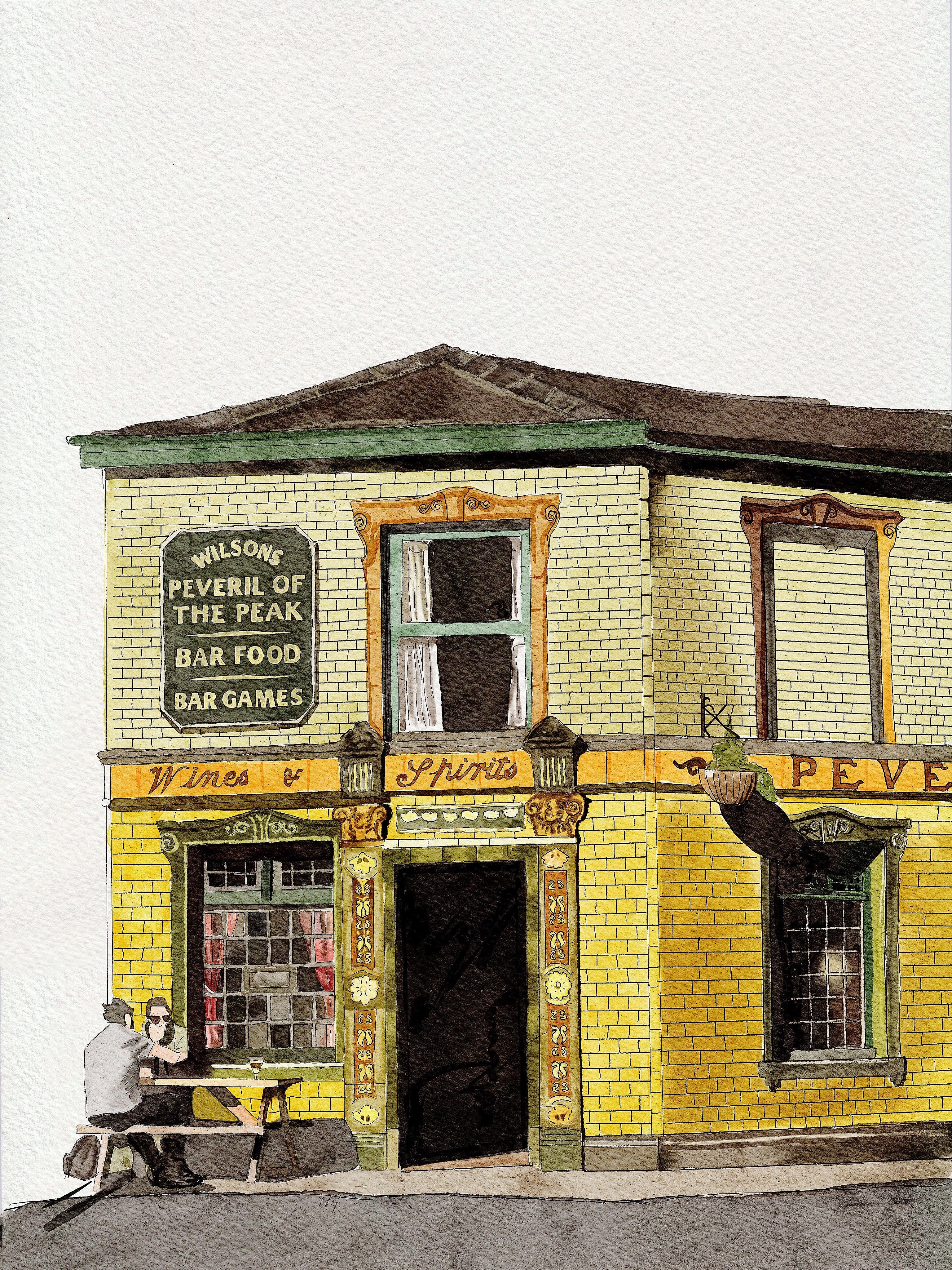 Watercolor illustration of the yellow-tiled Peveril of the Peak pub with patrons sitting outside.