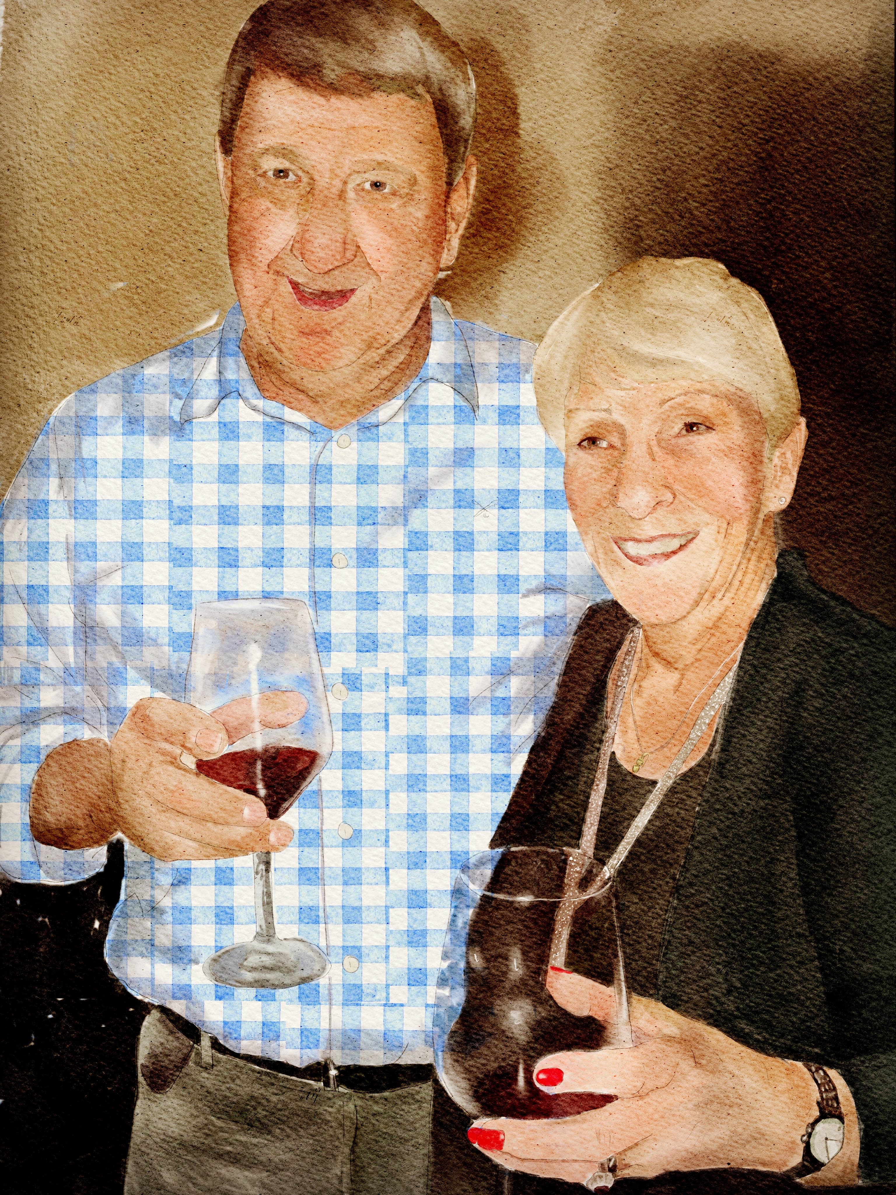 Watercolor portrait of a smiling older couple holding glasses of red wine together.