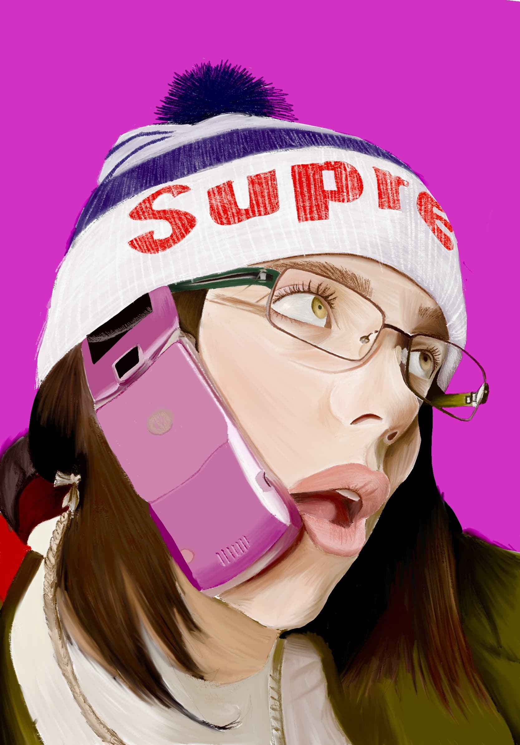 Person with glasses and Supreme beanie talking on a pink flip phone against magenta background.