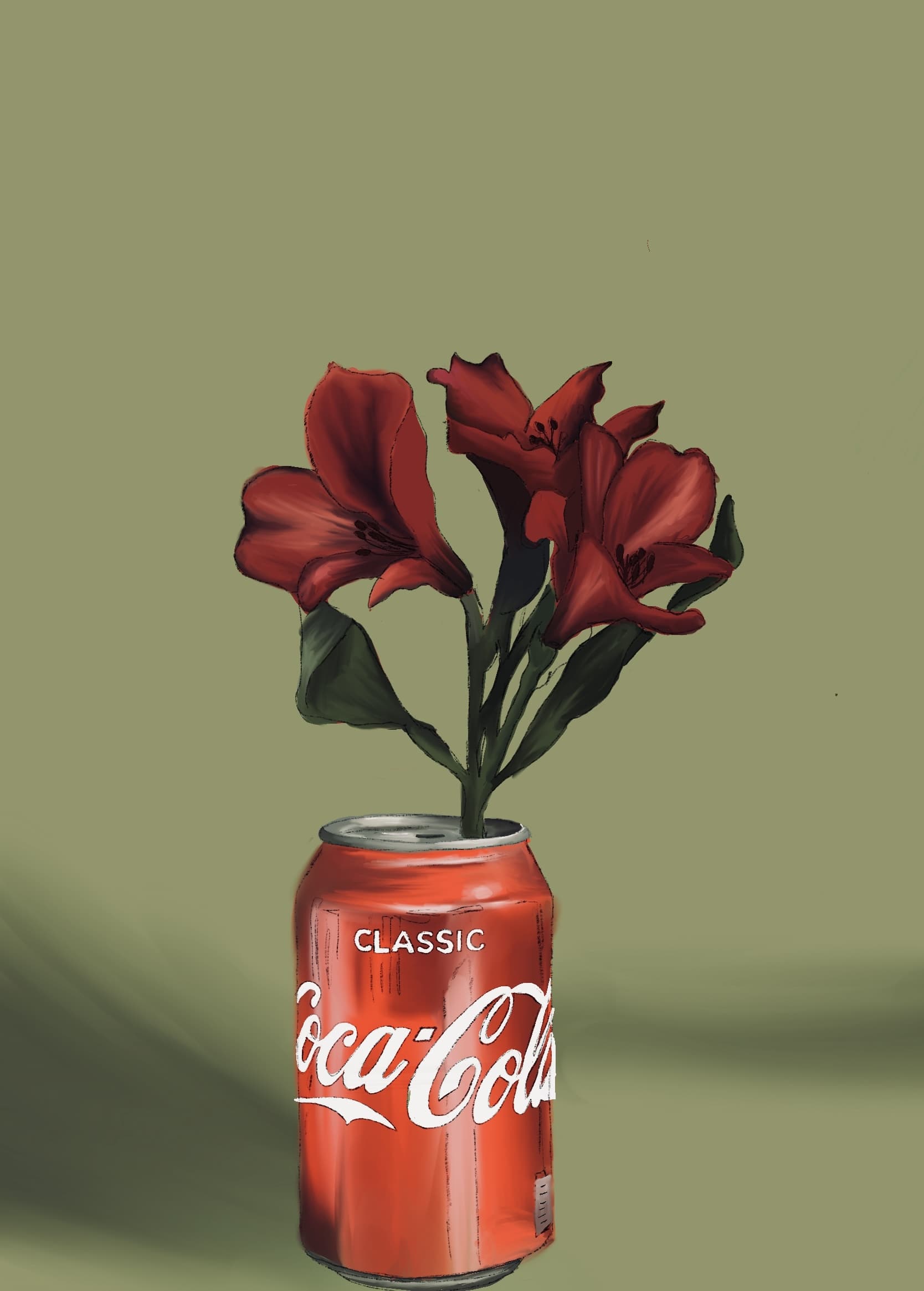 Red flowers arranged in a Coca-Cola can vase against a muted olive green background.