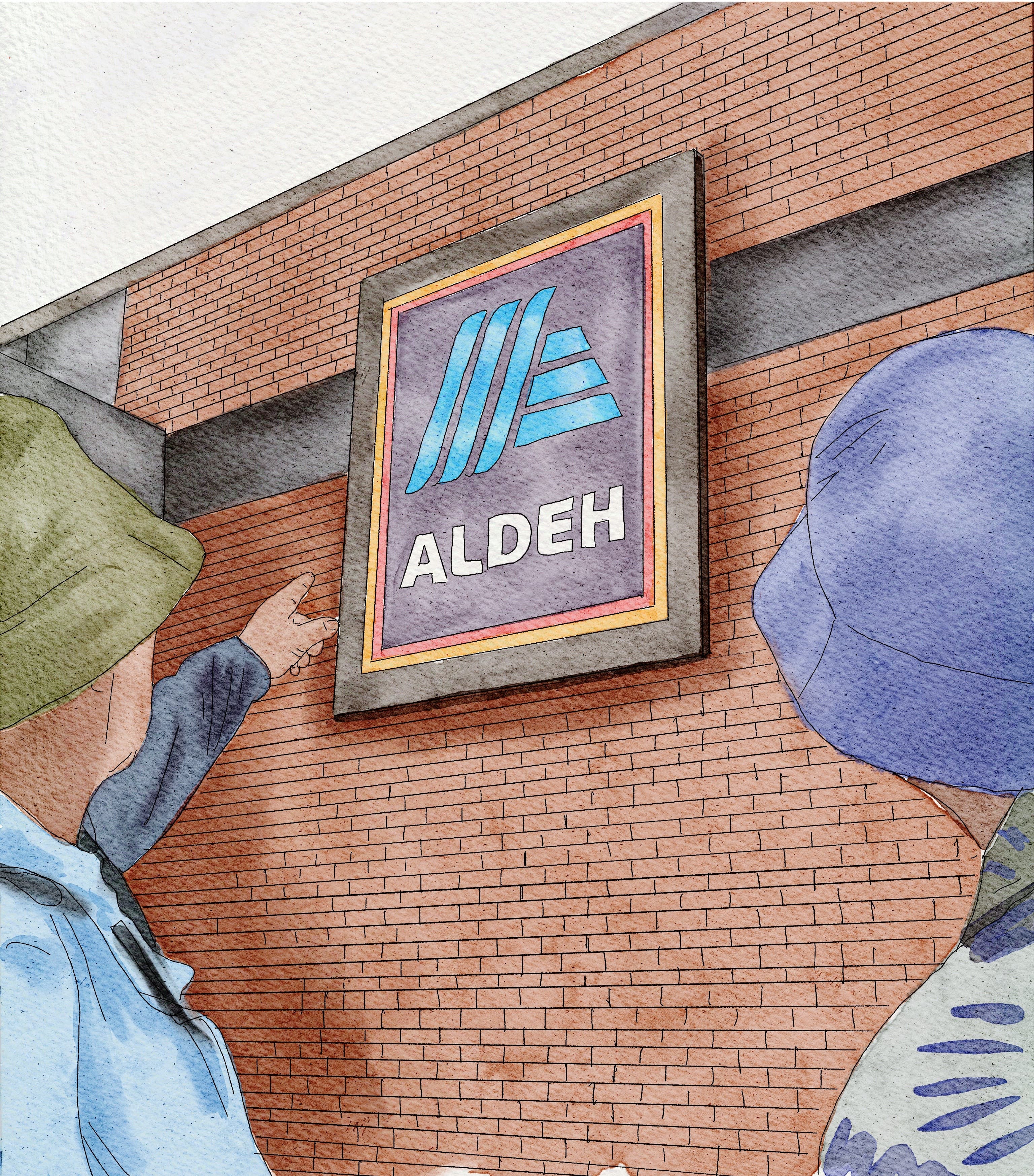 Watercolor illustration of two people pointing at an 'ALDEH' sign on a brick wall.