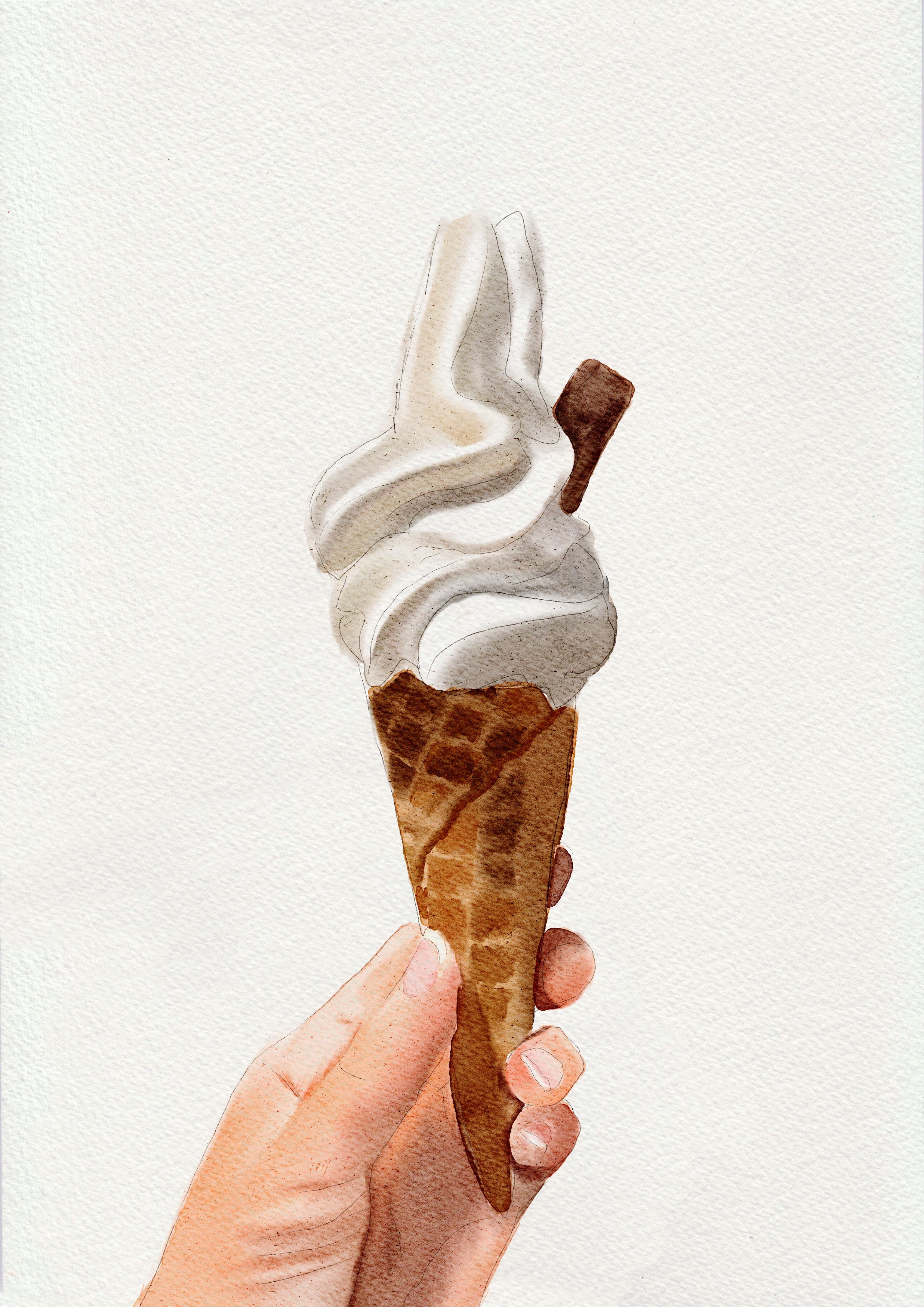 Watercolor painting of a hand holding a vanilla soft-serve cone with a chocolate flake.